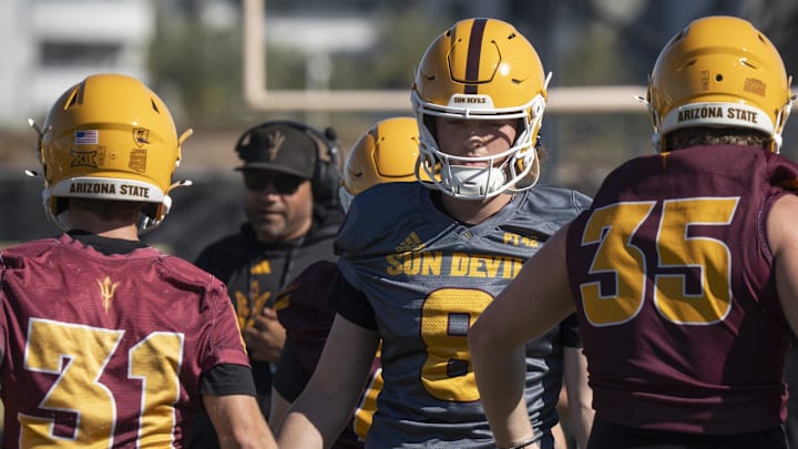 Cutter Boley (#8 QB) during ASU football practice at Kajikawa Practice fields in Tempe, Arizona, on March 19, 2026. Cutter Boley (#8 QB) during ASU football practice at Kajikawa Practice fields in Tempe, Arizona, on March 19, 2026.