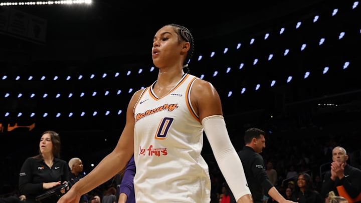 Jun 1, 2025; Los Angeles, California, USA;  Phoenix Mercury forward Satou Sabally (0) enters the court during players introduction prior to a game against the Los Angeles Sparks at Crypto.com Arena. Mandatory Credit: Kiyoshi Mio-Imagn Images
