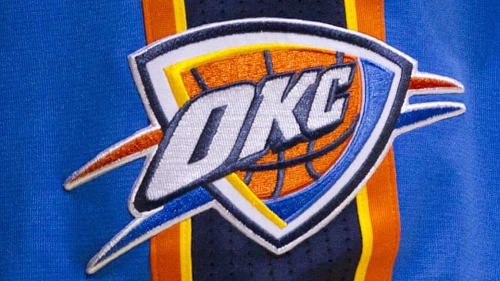 Nov 20, 2010; Milwaukee, WI, USA; Oklahoma City Thunder logo on a players shorts during the game against the Milwaukee Bucks at the Bradley Center.  The Thunder defeated the Bucks 82-81.  Mandatory Credit: Jeff Hanisch-Imagn Images