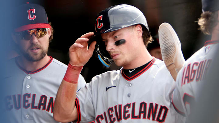 May 2, 2026; West Sacramento, California, USA; Cleveland Guardians second baseman Travis Bazzana (37) is congratulated by teammates after scoring a run against the Athletics during the ninth inning at Sutter Health Park. Mandatory Credit: Dennis Lee-Imagn Images