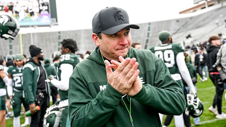 Michigan State's head coach Jonathan Smith leaves the file after the Spring Showcase on Saturday, April 20, 2024, at Spartan Stadium in East Lansing.