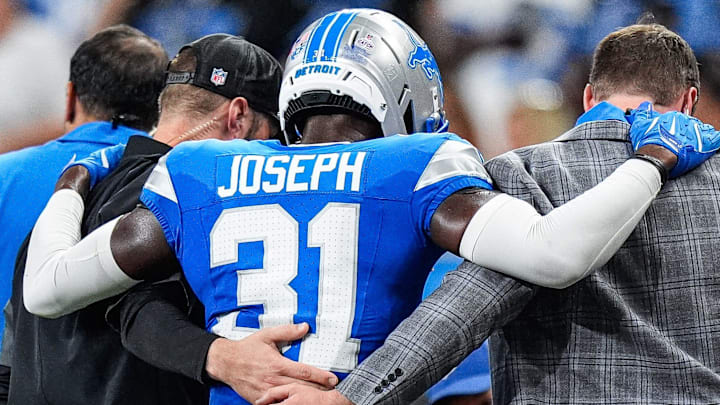 Detroit Lions safety Kerby Joseph (31) walks off the field due to an injury during the first half against Cleveland Browns Detroit Lions safety Kerby Joseph (31) walks off the field due to an injury during the first half against Cleveland Browns
