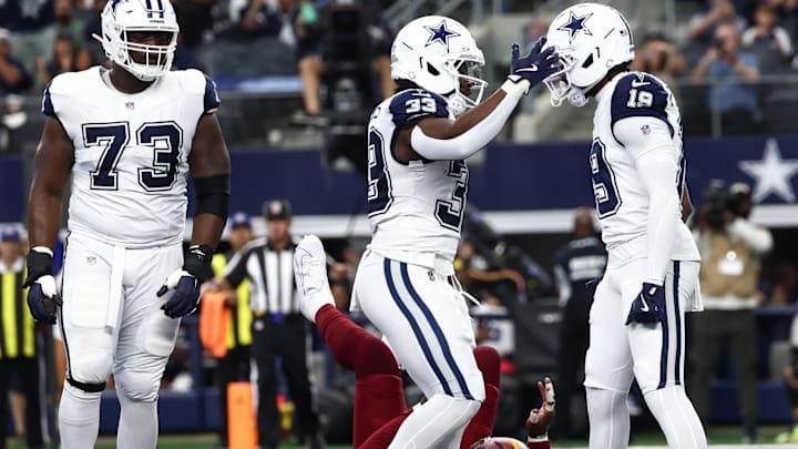Dallas Cowboys RB Javonte Williams celebrates after scoring a touchdown against the Commanders with WR Ryan Flournoy. Dallas Cowboys RB Javonte Williams celebrates after scoring a touchdown against the Commanders with WR Ryan Flournoy.