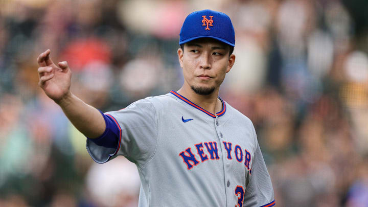 Jun 6, 2025; Denver, Colorado, USA; New York Mets starting pitcher Kodai Senga (34) in the first inning against the Colorado Rockies at Coors Field. Mandatory Credit: Isaiah J. Downing-Imagn Images