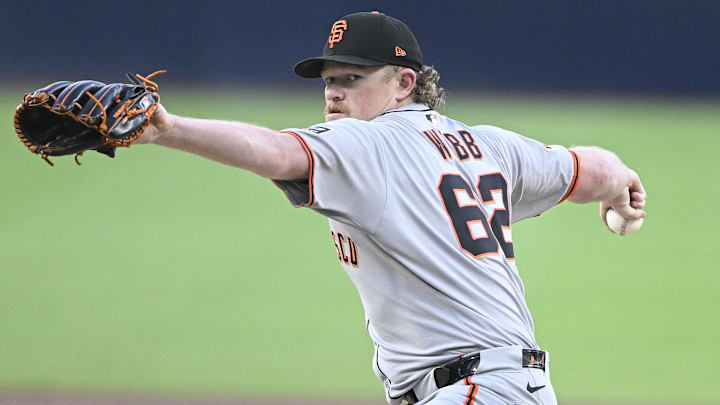 Apr 29, 2025; San Diego, California, USA; San Francisco Giants starting pitcher Logan Webb (62) delivers during the first inning against the San Diego Padres at Petco Park.