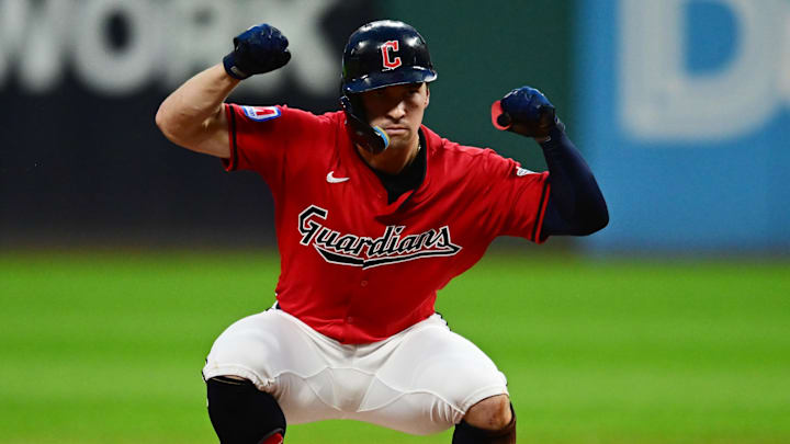 Sep 28, 2024; Cleveland, Ohio, USA; Cleveland Guardians right fielder Will Brennan (17) celebrates after hitting a double during the third inning against the Houston Astros at Progressive Field. Mandatory Credit: Ken Blaze-Imagn Images Sep 28, 2024; Cleveland, Ohio, USA; Cleveland Guardians right fielder Will Brennan (17) celebrates after hitting a double during the third inning against the Houston Astros at Progressive Field. Mandatory Credit: Ken Blaze-Imagn Images