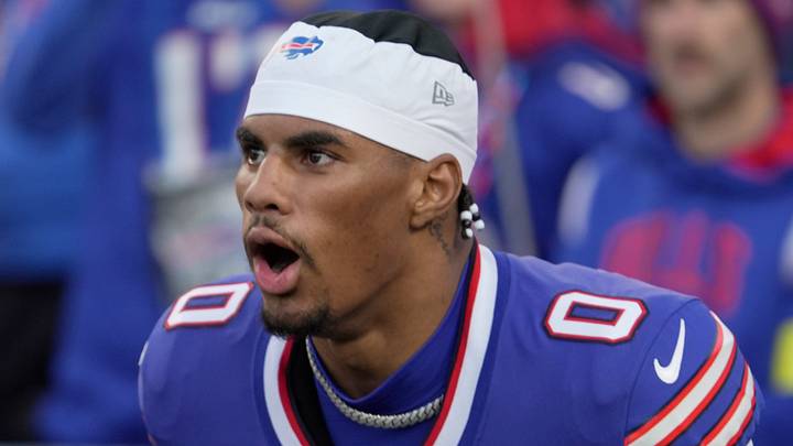 Buffalo Bills wide receiver Keon Coleman yells as he takes the field during team introductions before their home game against the Kansas City Chiefs at Highmark Stadium in Orchard Park on Nov. 2, 2025.