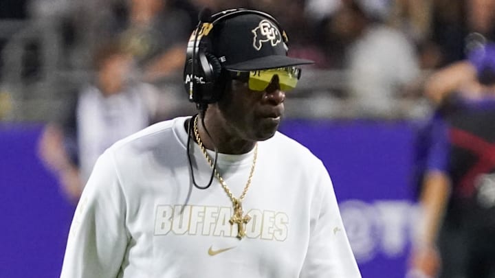 Oct 4, 2025; Fort Worth, Texas, USA; Colorado Buffaloes head coach Deion Sanders on the sidelines during the first half against the TCU Horned Frogs at Amon G. Carter Stadium. Mandatory Credit: Raymond Carlin III-Imagn Images