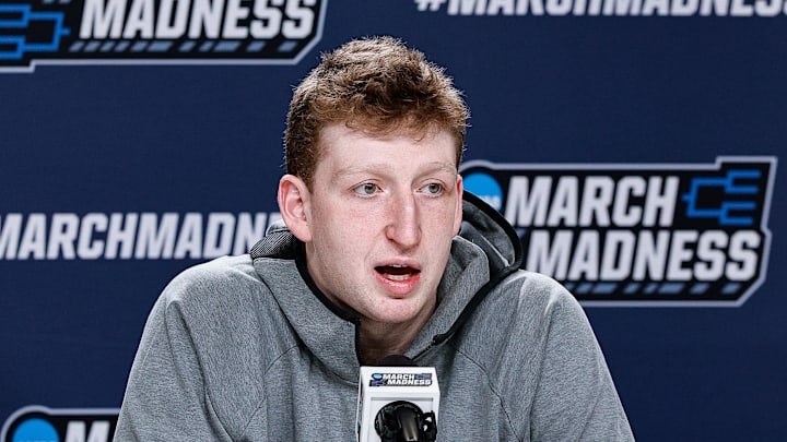Mar 19, 2025; Denver, CO, USA; Michigan Wolverines player Danny Wolf during a press conference at Ball Arena. Mandatory Credit: Isaiah J. Downing-Imagn Images