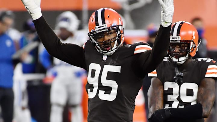Oct 11, 2020; Cleveland, Ohio, USA; Cleveland Browns defensive end Myles Garrett (95) riles up the crowd during the second half against the Indianapolis Colts at FirstEnergy Stadium. Mandatory Credit: Ken Blaze-Imagn Images