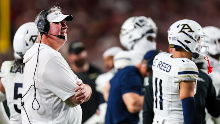 Sep 21, 2024; Columbia, South Carolina, USA;  
Akron Zips head coach Joe Moorhead directs his team against the South Carolina Gamecocks in the first quarter at Williams-Brice Stadium. Mandatory Credit: Jeff Blake-Imagn Images