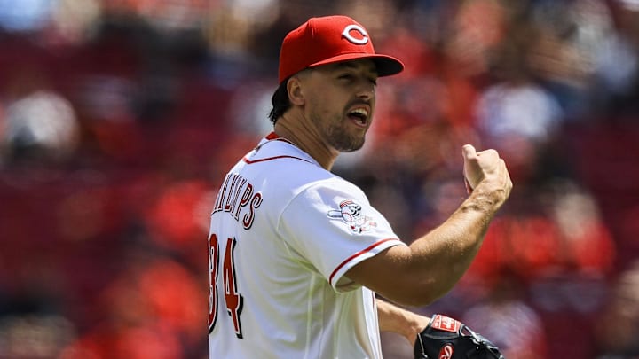 Cincinnati Reds relief pitcher Connor Phillips (34) reacts