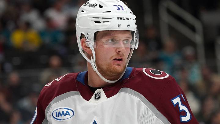 Dec 19, 2024; San Jose, California, USA;  Colorado Avalanche center Casey Mittelstadt (37) waits for play to resume against the San Jose Sharks in the first period at SAP Center at San Jose. Mandatory Credit: David Gonzales-Imagn Images