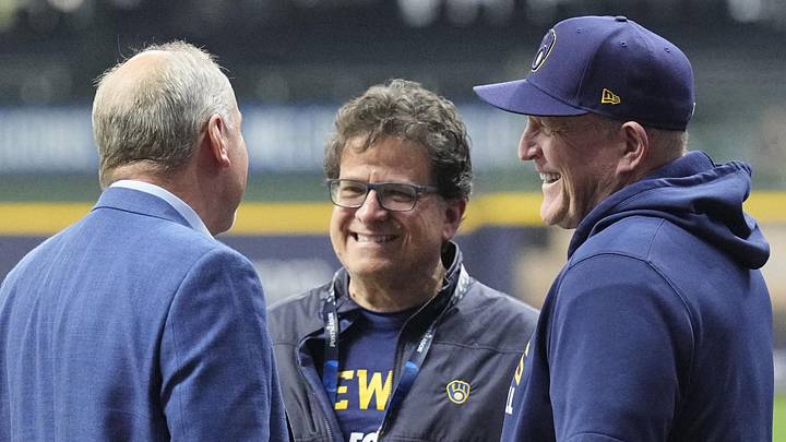 Oct 11, 2025; Milwaukee, Wisconsin, USA; Milwaukee Brewers owner Mark Attanasio and manager Pat Murphy talk before game five against the Chicago Cubs in the NLDS round for the 2025 MLB playoffs at American Family Field. Mandatory Credit: Michael McLoone-Imagn Images