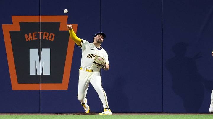 Aug 23, 2026; Williamsport, PA, USA; Milwaukee Brewers center fielder Garrett Mitchell (5) throws the ball after playing it off the outfield wall during the fourth inning of the MLB Little League Classic against the Atlanta Braves at Journey Bank Ballpark at Historic Bowman Field. Mandatory Credit: Matthew O'Haren-Imagn Images Aug 23, 2026; Williamsport, PA, USA; Milwaukee Brewers center fielder Garrett Mitchell (5) throws the ball after playing it off the outfield wall during the fourth inning of the MLB Little League Classic against the Atlanta Braves at Journey Bank Ballpark at Historic Bowman Field. Mandatory Credit: Matthew O'Haren-Imagn Images