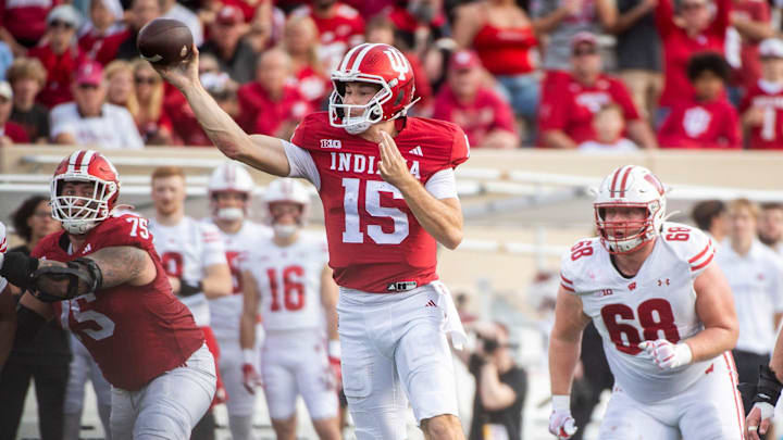 Indiana's Fernando Mendoza (15) passes during the Indiana versus Wisconsin football game at Memorial Stadium on Saturday, Nov. 15, 2025.