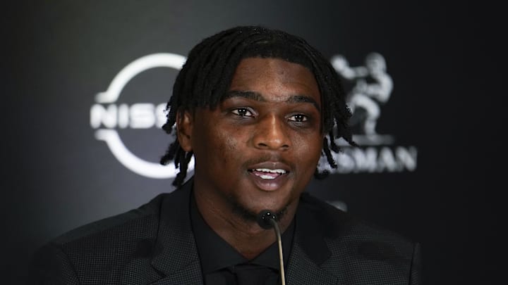 Miami quarterback Cam Ward speaks to media at the 2024 Heisman Trophy ceremony.