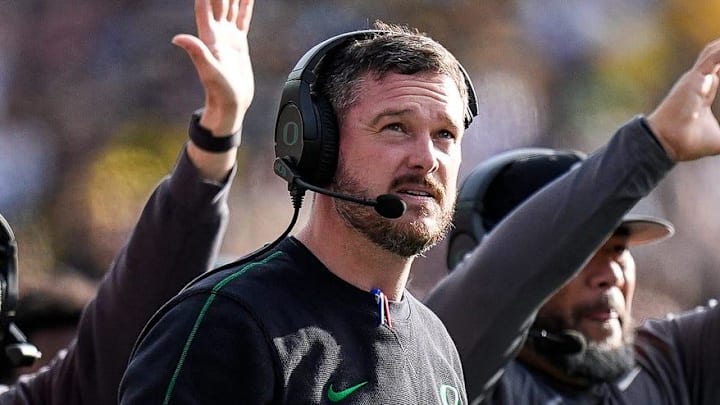 Oregon head coach Dan Lanning watches a play against Michigan during the first half at Michigan Stadium in Ann Arbor on Saturday, Nov. 2, 2024.
