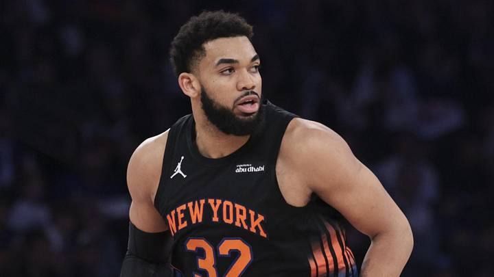 May 21, 2026; New York, New York, USA; New York Knicks center Karl-Anthony Towns (32) reacts against the Cleveland Cavaliers during the second quarter of game two of the eastern conference finals of the 2026 NBA playoffs at Madison Square Garden. Mandatory Credit: Vincent Carchietta-Imagn Images