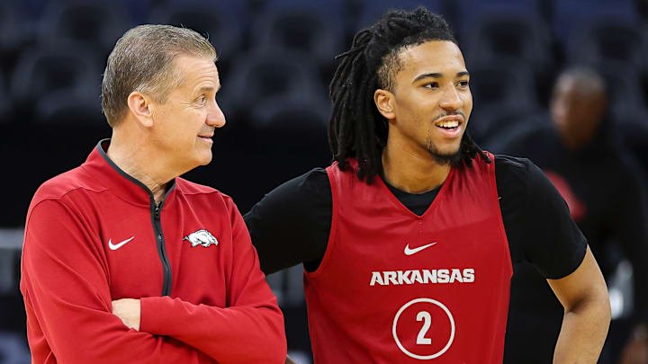 Arkansas Razorbacks coach John Calipari and freshman guard Boogie Fland enjoy a moment during practice at the Chase Center in San Francisco, Calif., on Wednesday, day before their Sweet 16 matchup with Texas Tech. Arkansas Razorbacks coach John Calipari and freshman guard Boogie Fland enjoy a moment during practice at the Chase Center in San Francisco, Calif., on Wednesday, day before their Sweet 16 matchup with Texas Tech.