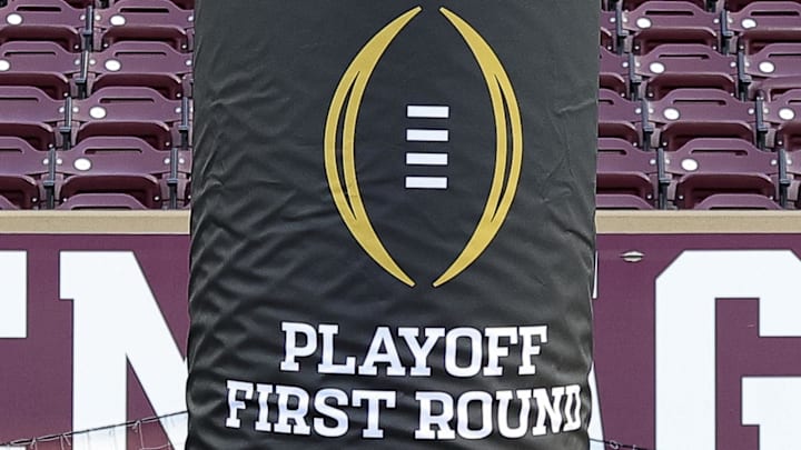 Dec 20, 2025; College Station, TX, USA; A detail view of College Football Playoffs logo on a goal post at Kyle Field prior to the game between the Miami Hurricanes and the Texas A&M Aggies. Mandatory Credit: Maria Lysaker-Imagn Images