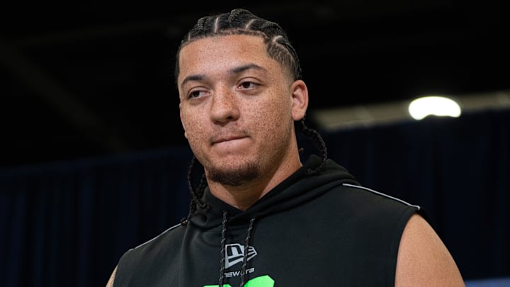 Memphis offensive lineman Travis Burke (OL09) speaks to members of the media during the NFL Combine Memphis offensive lineman Travis Burke (OL09) speaks to members of the media during the NFL Combine