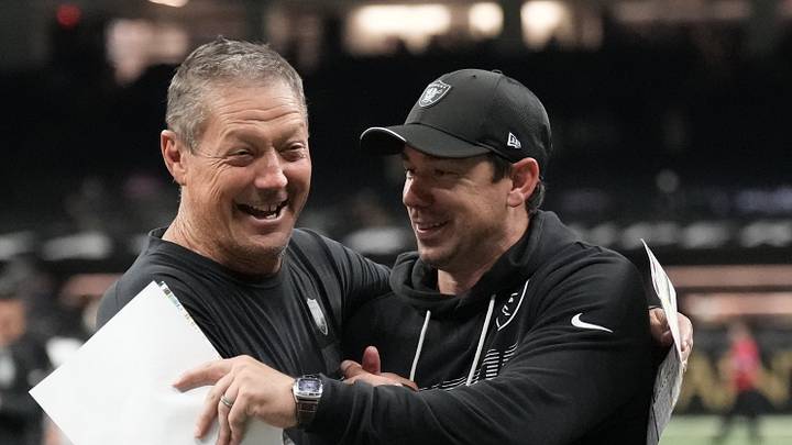 Sep 27, 2026; New Orleans, Louisiana, USA; Las Vegas Raiders head coach Klint Kubiak and quarterbacks coach Mike Sullivan celebreate after defeating the Las Vegas Raiders at Caesars Superdome. Mandatory Credit: Matthew Hinton-Imagn Images Sep 27, 2026; New Orleans, Louisiana, USA; Las Vegas Raiders head coach Klint Kubiak and quarterbacks coach Mike Sullivan celebreate after defeating the Las Vegas Raiders at Caesars Superdome. Mandatory Credit: Matthew Hinton-Imagn Images