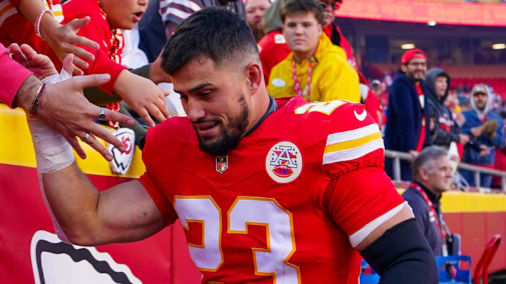 Nov 23, 2025; Kansas City, Missouri, USA; Kansas City Chiefs linebacker Drue Tranquill (23) greets fans while leaving the field after the game against the Indianapolis Colts at GEHA Field at Arrowhead Stadium. Mandatory Credit: Denny Medley-Imagn Images | Denny Medley-Imagn Images