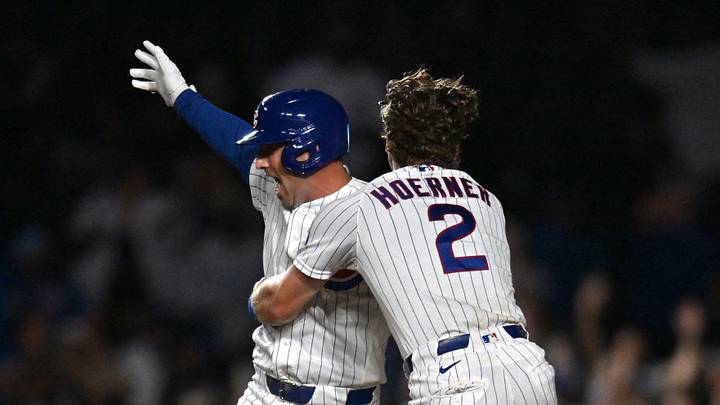 Aug 18, 2026; Chicago, Illinois, USA; Chicago Cubs third baseman Alex Bregman (3) celerates with shortstop Nico Hoerner (2) after hitting a walk-off RBI single against the Chicago White Sox during the ninth inning at Wrigley Field. Mandatory Credit: Patrick Gorski-Imagn Images Aug 18, 2026; Chicago, Illinois, USA; Chicago Cubs third baseman Alex Bregman (3) celerates with shortstop Nico Hoerner (2) after hitting a walk-off RBI single against the Chicago White Sox during the ninth inning at Wrigley Field. Mandatory Credit: Patrick Gorski-Imagn Images