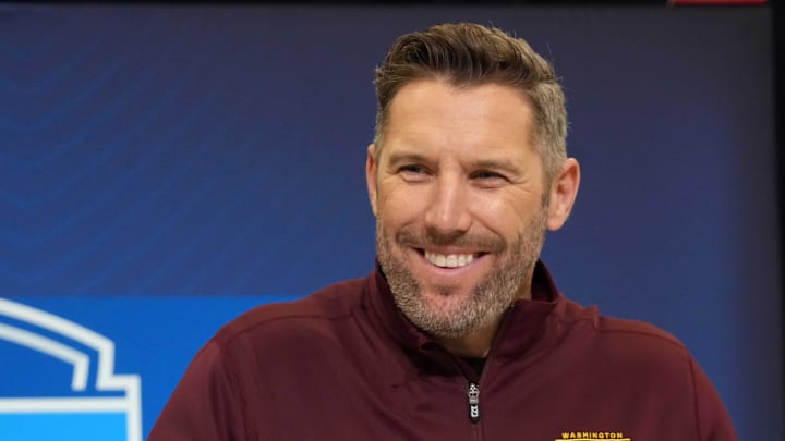 Feb 25, 2025; Indianapolis, IN, USA; Washington Commanders general manager Adam Peters speaks during the NFL Scouting Combine at the Indiana Convention Center. Mandatory Credit: Kirby Lee-Imagn Images