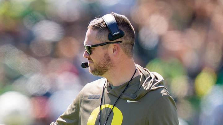 Oregon head coach Dan Lanning walks the field during the Oregon Ducks annual spring game on April 25, 2026 at Autzen Stadium in Eugene, Oregon. Oregon head coach Dan Lanning walks the field during the Oregon Ducks annual spring game on April 25, 2026 at Autzen Stadium in Eugene, Oregon.