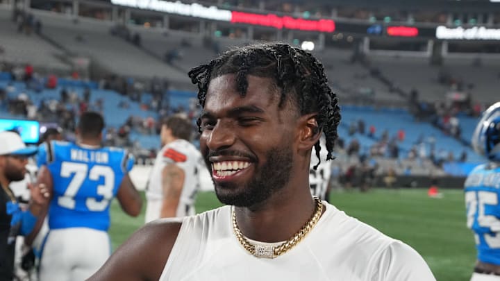 Aug 8, 2025; Charlotte, North Carolina, USA; Cleveland Browns quarterback Shedeur Sanders (12) with Carolina Panthers wide receiver Jimmy Horn Jr. (15) after the game at Bank of America Stadium. Mandatory Credit: Bob Donnan-Imagn Images Aug 8, 2025; Charlotte, North Carolina, USA; Cleveland Browns quarterback Shedeur Sanders (12) with Carolina Panthers wide receiver Jimmy Horn Jr. (15) after the game at Bank of America Stadium. Mandatory Credit: Bob Donnan-Imagn Images