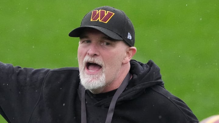 Nov 13, 2025; Madrid, Spain; Washington Commanders head coach Dan Quinn during practice at Ciudad Deportiva del Real Madrid. Mandatory Credit: Kirby Lee-Imagn Images