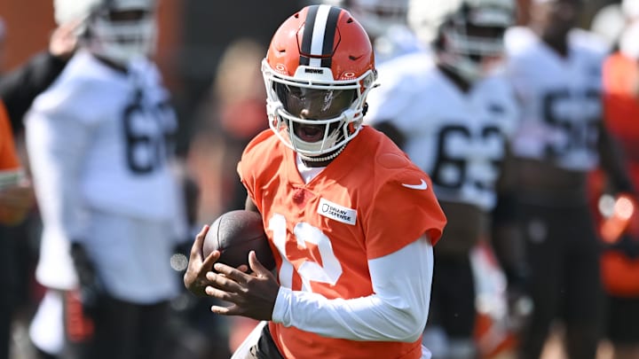 Cleveland Browns quarterback Shedeur Sanders (12) scrambles during training camp at CrossCountry Mortgage Campus.