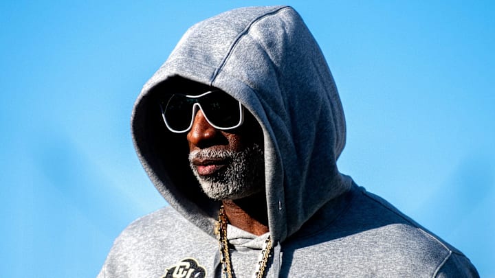 CU football head coach Deion Sanders, or Coach Prime, watches his team warm up before the game against CSU in the Rocky Mountain Showdown at Canvas Stadium on Saturday, Sept. 14, 2024, in Fort Collins, Colo.