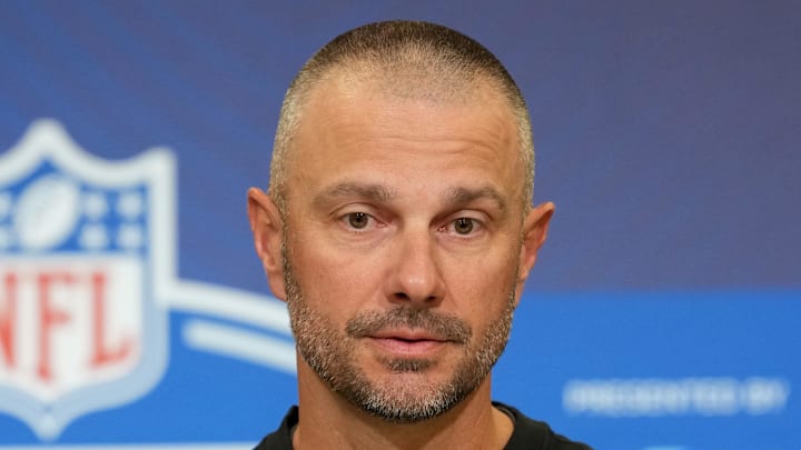 Feb 24, 2026; Indianapolis, IN, USA; Las Vegas Raiders general manager John Spytek speaks at the NFL Scouting Combine at the Indiana Convention Center. Mandatory Credit: Kirby Lee-Imagn Images Feb 24, 2026; Indianapolis, IN, USA; Las Vegas Raiders general manager John Spytek speaks at the NFL Scouting Combine at the Indiana Convention Center. Mandatory Credit: Kirby Lee-Imagn Images