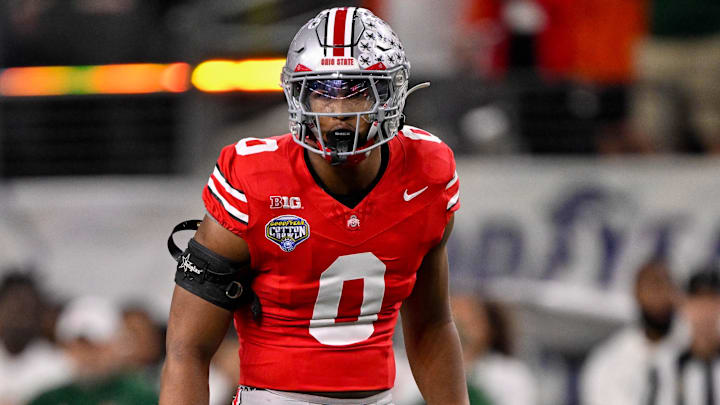 Dec 31, 2025; Arlington, TX, USA; Ohio State Buckeyes linebacker Sonny Styles (0) gets into position during the 2025 Cotton Bowl and quarterfinal game of the College Football Playoff at AT&T Stadium. Mandatory Credit: Jerome Miron-Imagn Images