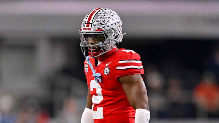 Dec 31, 2025; Arlington, TX, USA; Ohio State Buckeyes safety Caleb Downs (2) gets into position during the 2025 Cotton Bowl and quarterfinal game of the College Football Playoff at AT&T Stadium. Mandatory Credit: Jerome Miron-Imagn Images