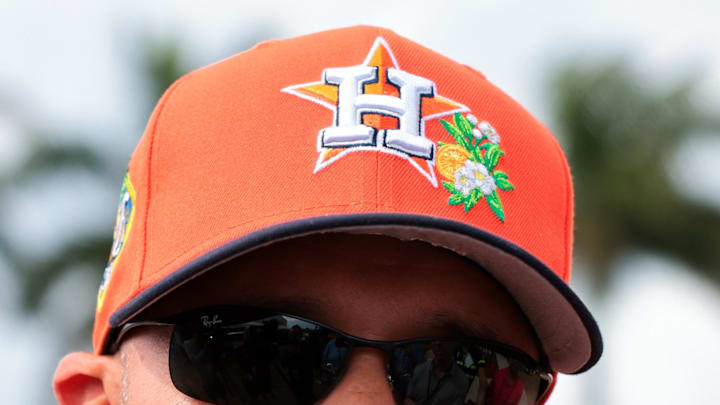 Houston Astros spring training hat on manager Joe Espada. Houston Astros spring training hat on manager Joe Espada.