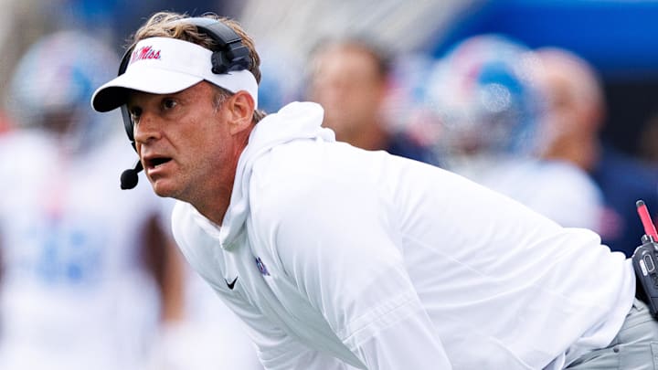 Ole Miss Rebels coach Lane Kiffin looks on during the second quarter against the Kentucky Wildcats at Kroger Field.