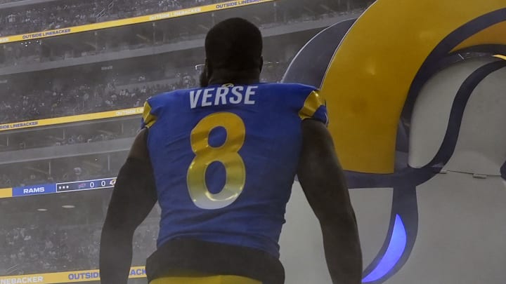 Dec 8, 2024; Inglewood, California, USA; Los Angeles Rams linebacker Jared Verse (8) enters the field before the game against the Buffalo Bills at SoFi Stadium. Mandatory Credit: Kirby Lee-Imagn Images