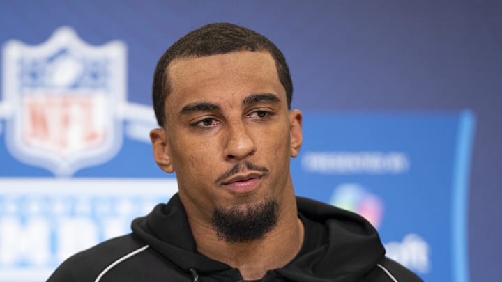 Feb 26, 2026; Indianapolis, IN, USA; Oregon defensive back Jadon Canady (DB03) speaks to members of the media during the NFL Combine at the Indiana Convention Center. Mandatory Credit: Jacob Musselman-Imagn Images