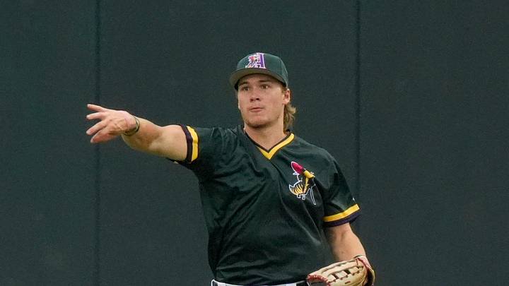 Aug 2, 2025; North Augusta, South Carolina, USA; GreenJacket outfielder Eric Hartman (17) throws the ball during the Augusta GreenJackets and Carolina Mudcats game at SRP Park. The GreenJackets won the fifth game of the series 5-3. Mandatory Credit: Katie Goodale - Augusta Chronicle/USA TODAY NETWORK