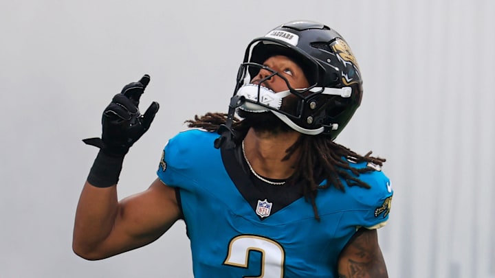 Jacksonville Jaguars wide receiver Jakobi Meyers (3) is introduced before an NFL football game at EverBank Stadium, Sunday, Dec. 7, 2025, in Jacksonville, Fla. The Jaguars defeated the Colts 36-19.