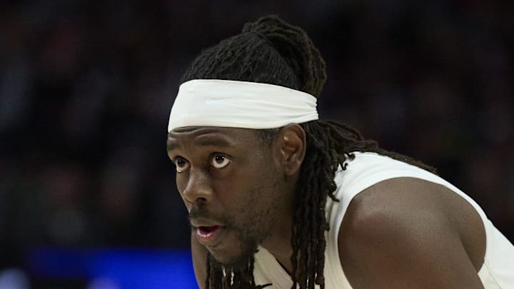 Portland Trail Blazers guard Jrue Holiday watches during a break against Milwaukee Bucks. Portland Trail Blazers guard Jrue Holiday watches during a break against Milwaukee Bucks.