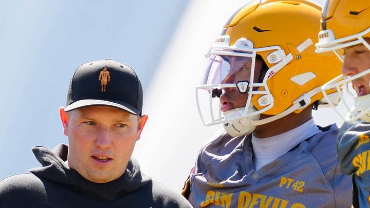 Arizona State head coach Kenny Dillingham watches his team as they run drills during a spring practice at Kajikawa practice fields in Tempe, Ariz. on April 14, 2026.