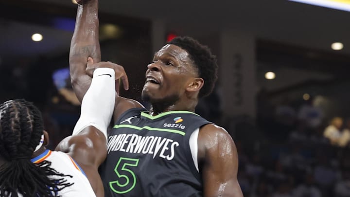 May 20, 2025; Oklahoma City, Oklahoma, USA; Minnesota Timberwolves guard Anthony Edwards (5) drives against Oklahoma City Thunder guard Luguentz Dort (5) in the second quarter during game one of the western conference finals for the 2025 NBA Playoffs at Paycom Center. Mandatory Credit: Alonzo Adams-Imagn Images May 20, 2025; Oklahoma City, Oklahoma, USA; Minnesota Timberwolves guard Anthony Edwards (5) drives against Oklahoma City Thunder guard Luguentz Dort (5) in the second quarter during game one of the western conference finals for the 2025 NBA Playoffs at Paycom Center. Mandatory Credit: Alonzo Adams-Imagn Images