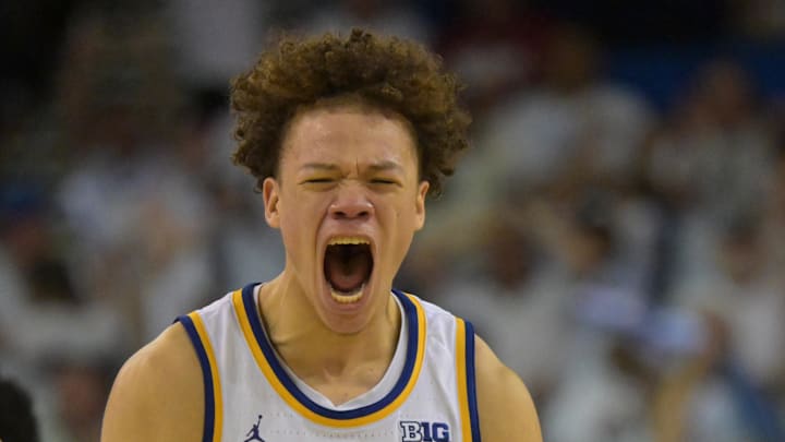 Jan 31, 2026; Los Angeles, California, USA; UCLA Bruins guard Trent Perry (0) reacts after a three-point basket to tie the game with one second in regulation time against the Indiana Hoosiers at Pauley Pavilion presented by Wescom Financial. Mandatory Credit: Jayne Kamin-Oncea-Imagn Images Jan 31, 2026; Los Angeles, California, USA; UCLA Bruins guard Trent Perry (0) reacts after a three-point basket to tie the game with one second in regulation time against the Indiana Hoosiers at Pauley Pavilion presented by Wescom Financial. Mandatory Credit: Jayne Kamin-Oncea-Imagn Images