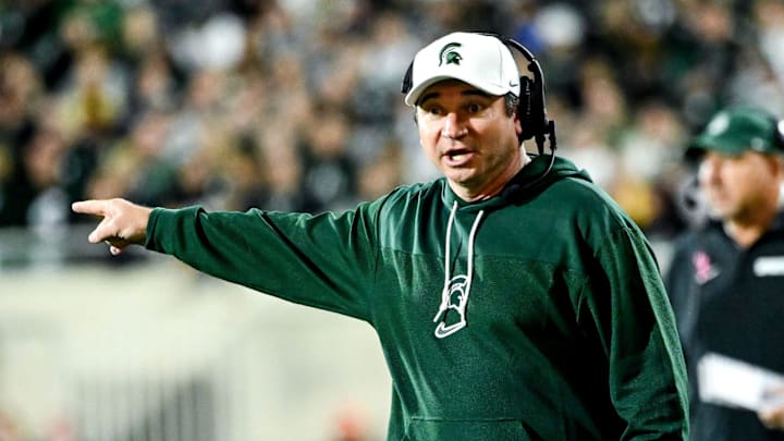 Michigan State's head coach Jonathan Smith calls out to a referee in the second quarter in the game against Iowa on Saturday, Oct. 19, 2024, at Spartan Stadium in East Lansing.