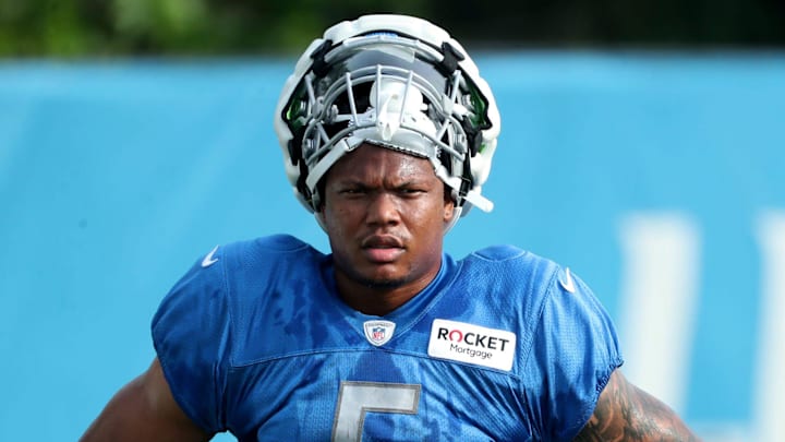 Detroit Lions running back David Montgomery watches drills during training camp